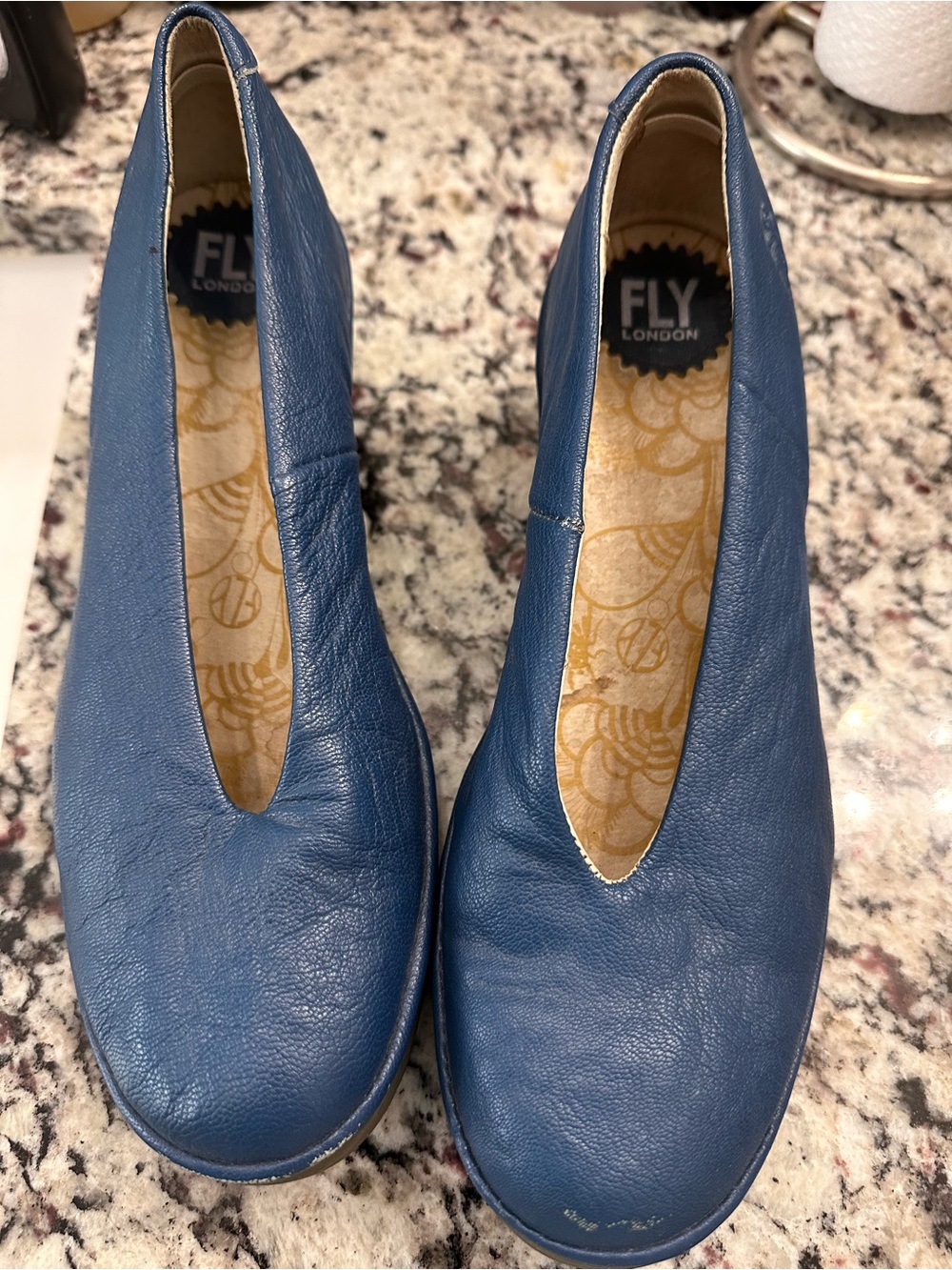 FLY London Women's Blue Leather Slip-On wedge Shoes 9.5 9 40 EUC
